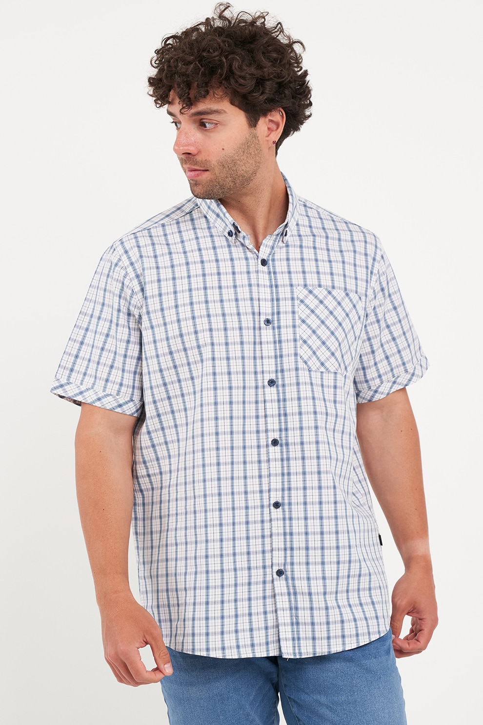 KVL by KENVELO, Camasa de bumbac cu model in carouri, Alb, Albastru, L