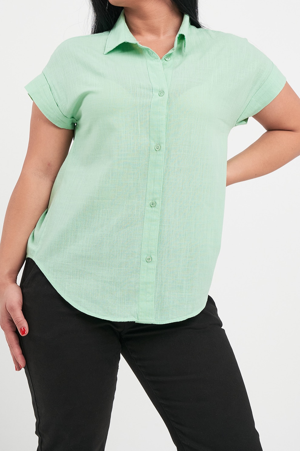 KVL by KENVELO, Camasa de bumbac cu maneci scurte, Verde deschis, XS