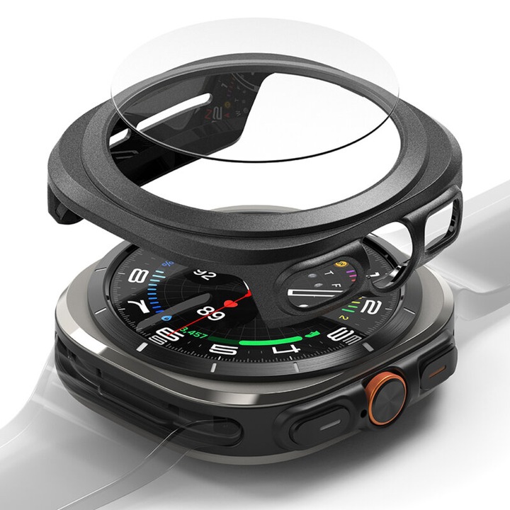 Carcasa de ceas compatibila cu Samsung Galaxy Watch Ultra 47mm, Slim&Tempered Glass, sticla securizata inclusa, TPU, Negru-Transparent