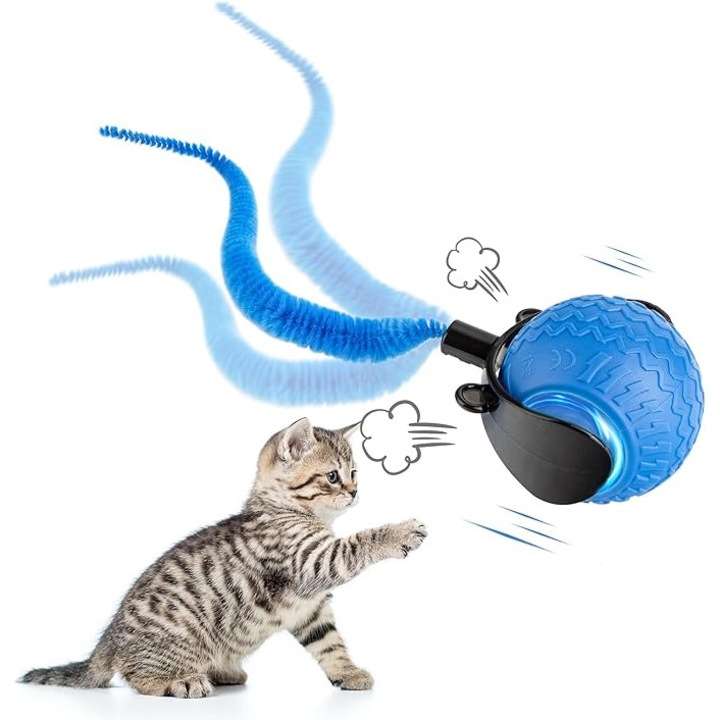 Minge electrica reincarcabila pentru pisici cu minge puternica pentru pisici - Minge de joc interactiva la 360° pentru pisici, 3 moduri de joc, minge electrica pentru pisici cu USB si lumina LED, albastra