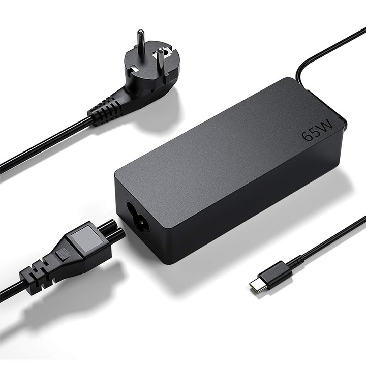 Incarcator laptop USB-C Lenovo 65W, design compact, protectie suprasarcina, negru