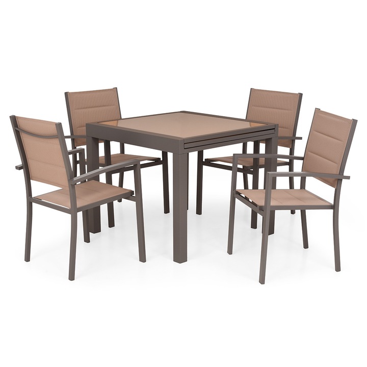 Set mobilier gradina/terasa 4 scaune si masa extensibila mica, Maison Mex LUCCA, maro