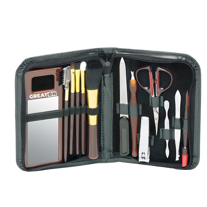 Trusa GREATON Manichiura/Pedichiura Si Pensule Machiaj, 13 Ustensile, Husa De Calatorie Portabila, Negru