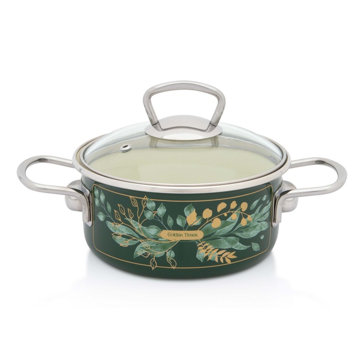 Cratita 1.5l capac din sticla Golden Times Metalac email/16cm/1.5l