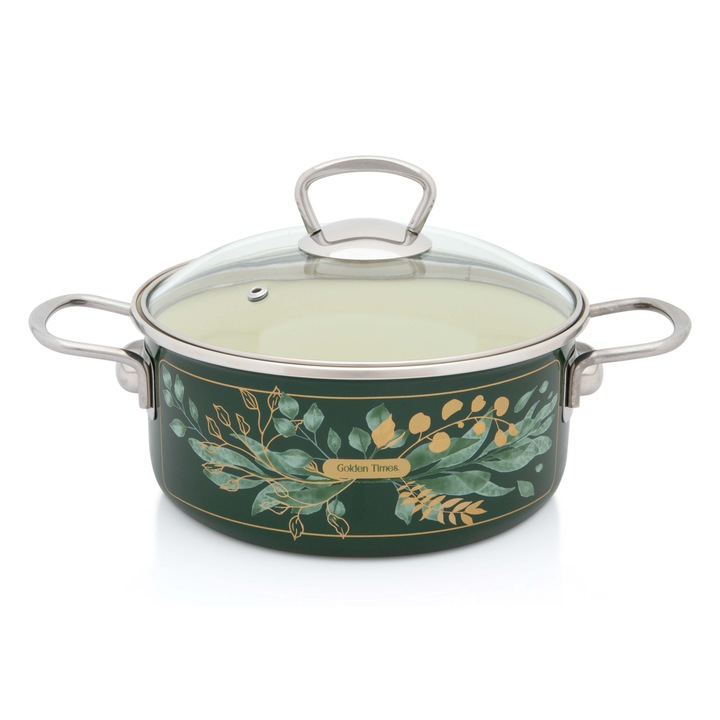 Cratita 2.75l cu capac sticla Golden Times, emailata, Metalac, 20 cm, verde