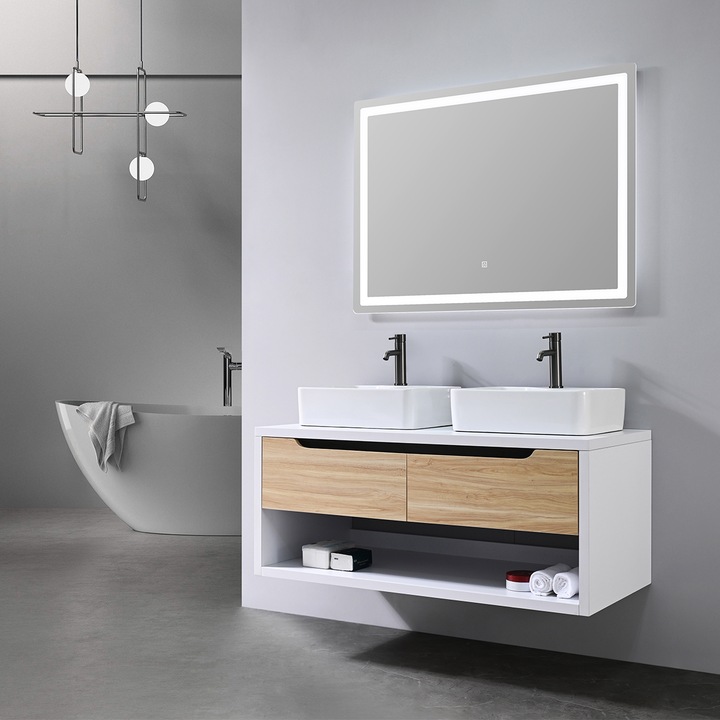 Mobilier de baie, 120 x 55, Lemn stratificat, 2 sertare cu inchidere soft-close, spatiu de depozitare, Riviera