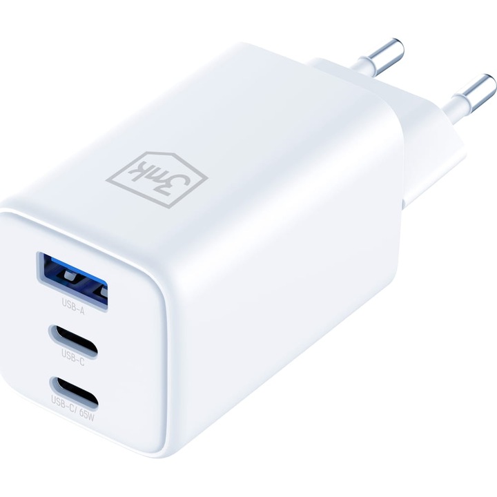 Hálózati töltő 3mk Hyper GaN 65W, 1x USB-A QC 4+, 2x USB-C PD, fehér