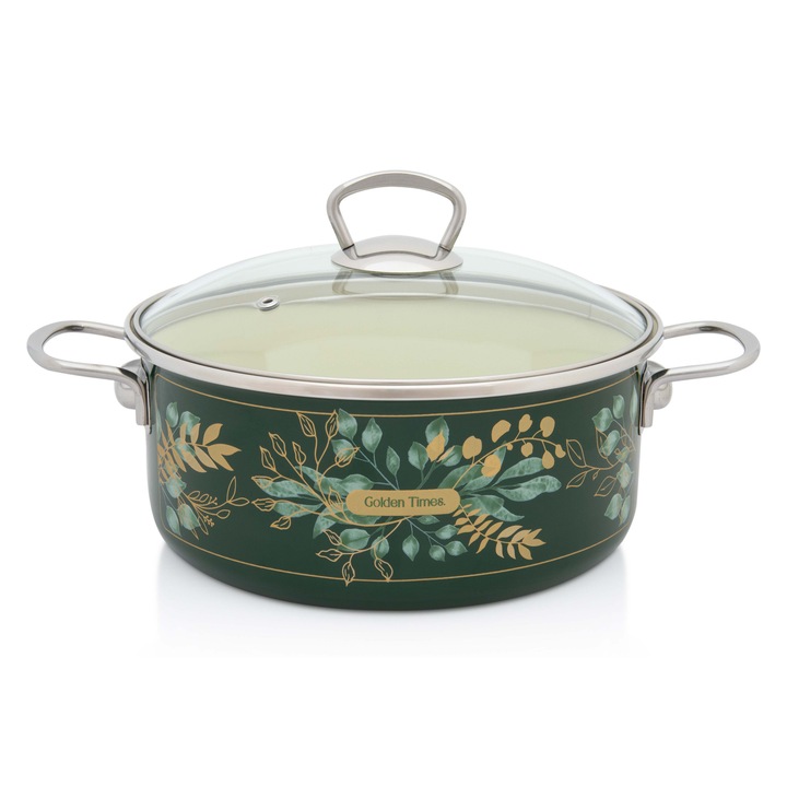 Cratita, 4.75l, cu capac sticla Golden Times, emailata, Metalac, 24 cm