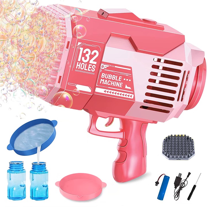 Pistol cu baloane colorate de sapun, cu 2 capete interschimbabile 132 / 73 orificii, acumulator si cablu de incarcare, lumini, doua rezerve lichid Bubble Rocket Roz RCO®, 26*25*13 cm, 3+ ani, WT03