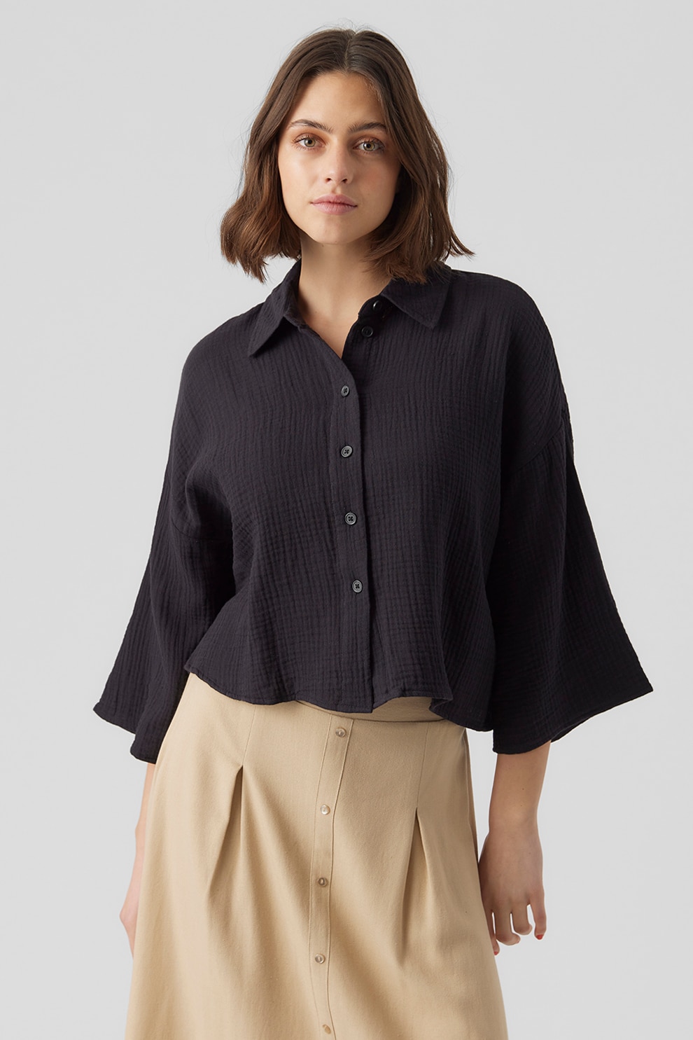 Vero Moda, Camasa texturata cu maneci cazute, Negru, M