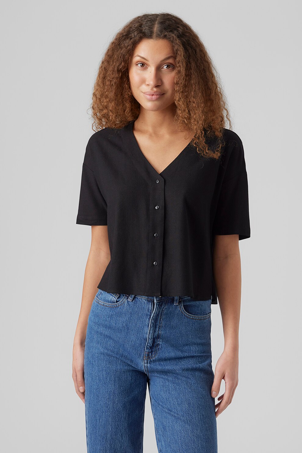 Vero Moda, Camasa crop din amestec de in, Negru, S