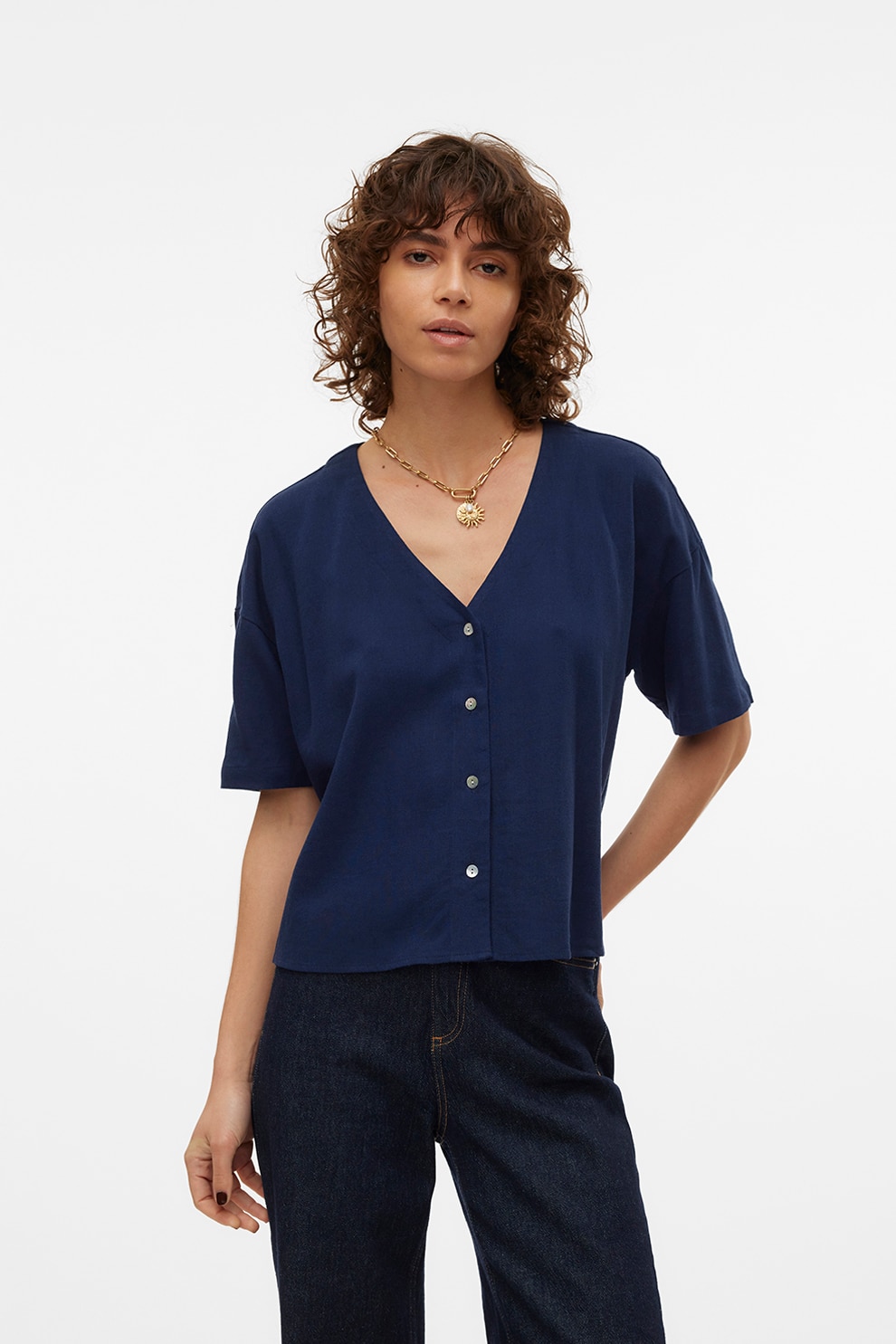 Vero Moda, Camasa crop din amestec de in, Indigo, S