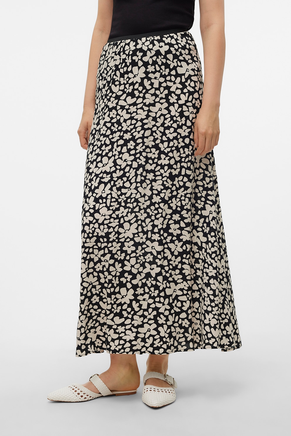 Vero Moda, Fusta maxi evazata, Negru, Crem, S