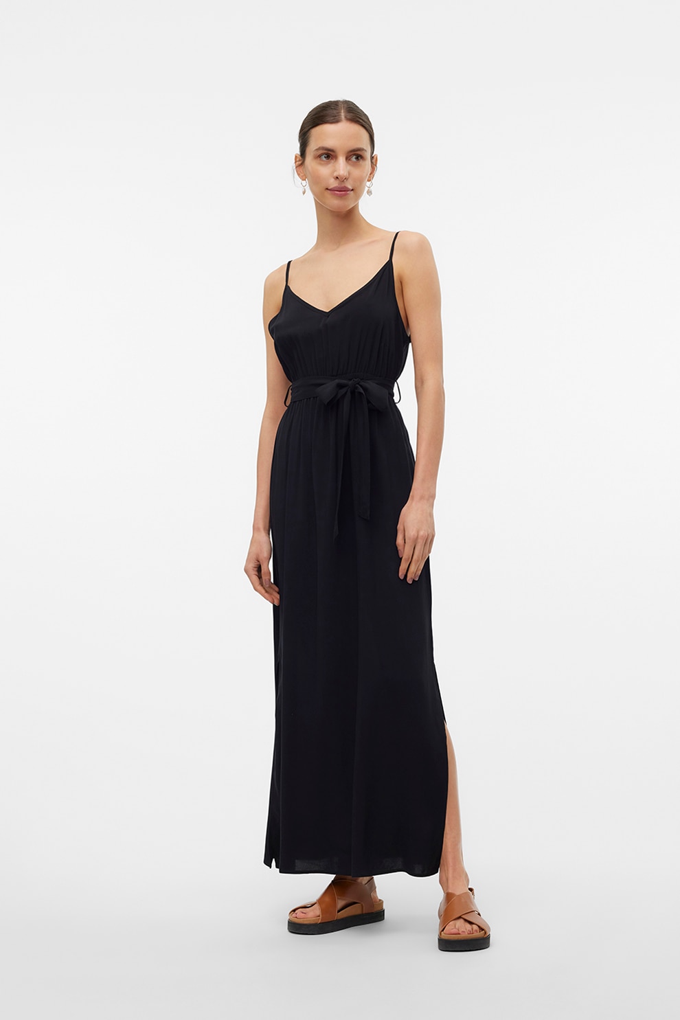 Vero Moda, Rochie maxi cu croiala dreapta si cordon in talie, Negru, L