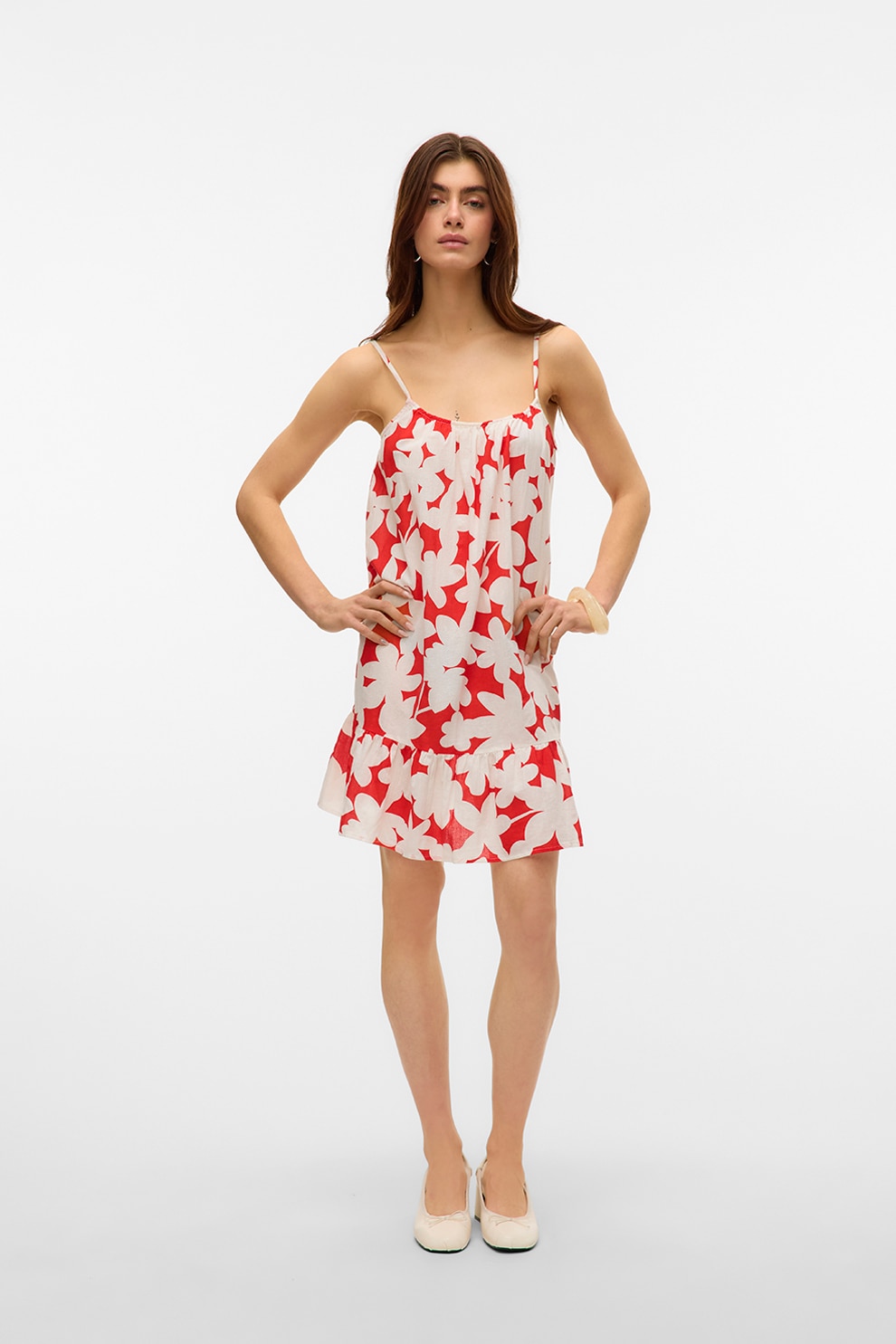 Vero Moda, Rochie mini cu model floral si terminatie cu volane, Rosu, Alb, M