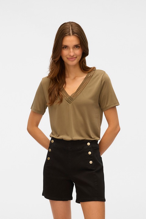 Vero Moda, Tricou cu insertie crosetata Savannah, Verde inchis