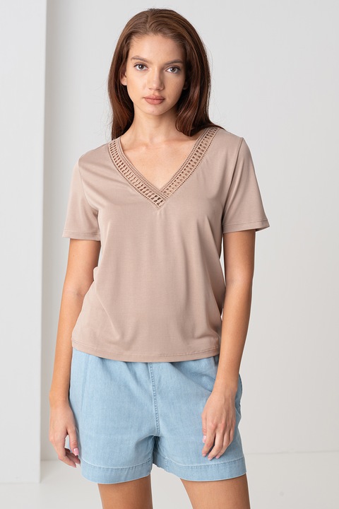 Vero Moda, Tricou cu insertie crosetata Savannah, Maro taupe deschis