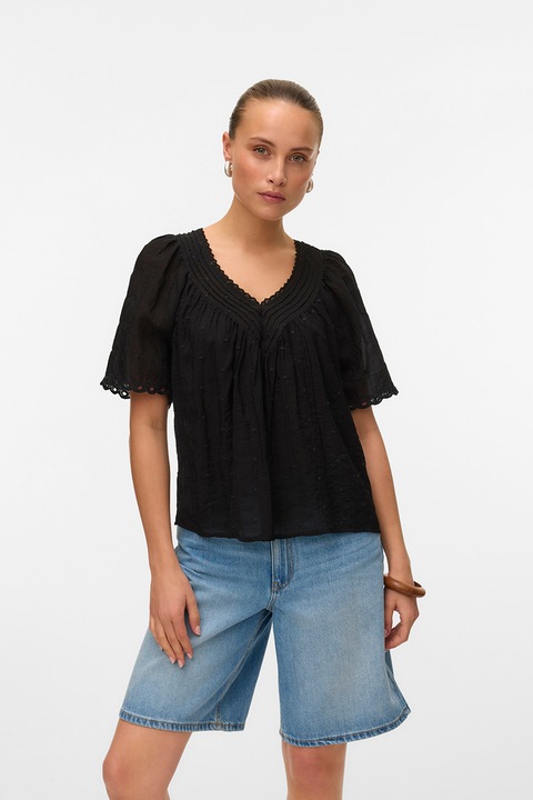 Vero Moda, Bluza cu decolteu in V si maneci scurte, Crem