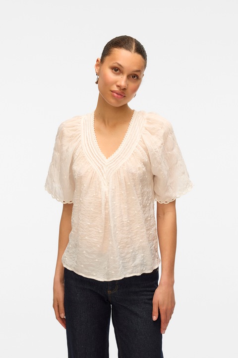Vero Moda, Bluza cu decolteu in V si maneci scurte, Crem