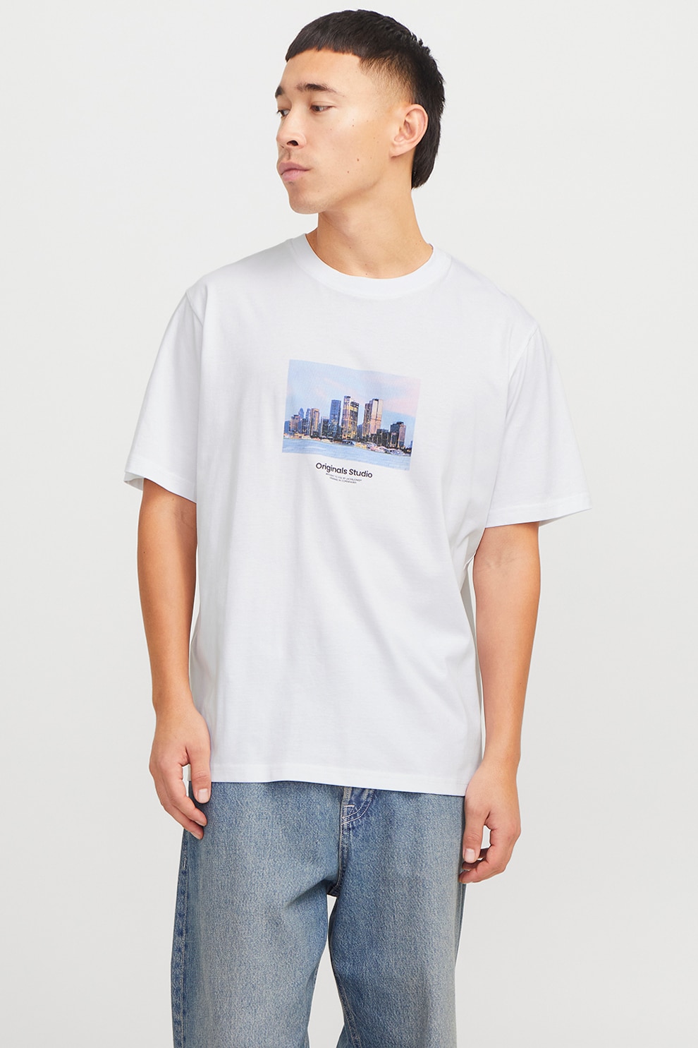 Jack & Jones, Tricou relaxed fit de bumbac cu imprimeu, Alb, Albastru deschis, M