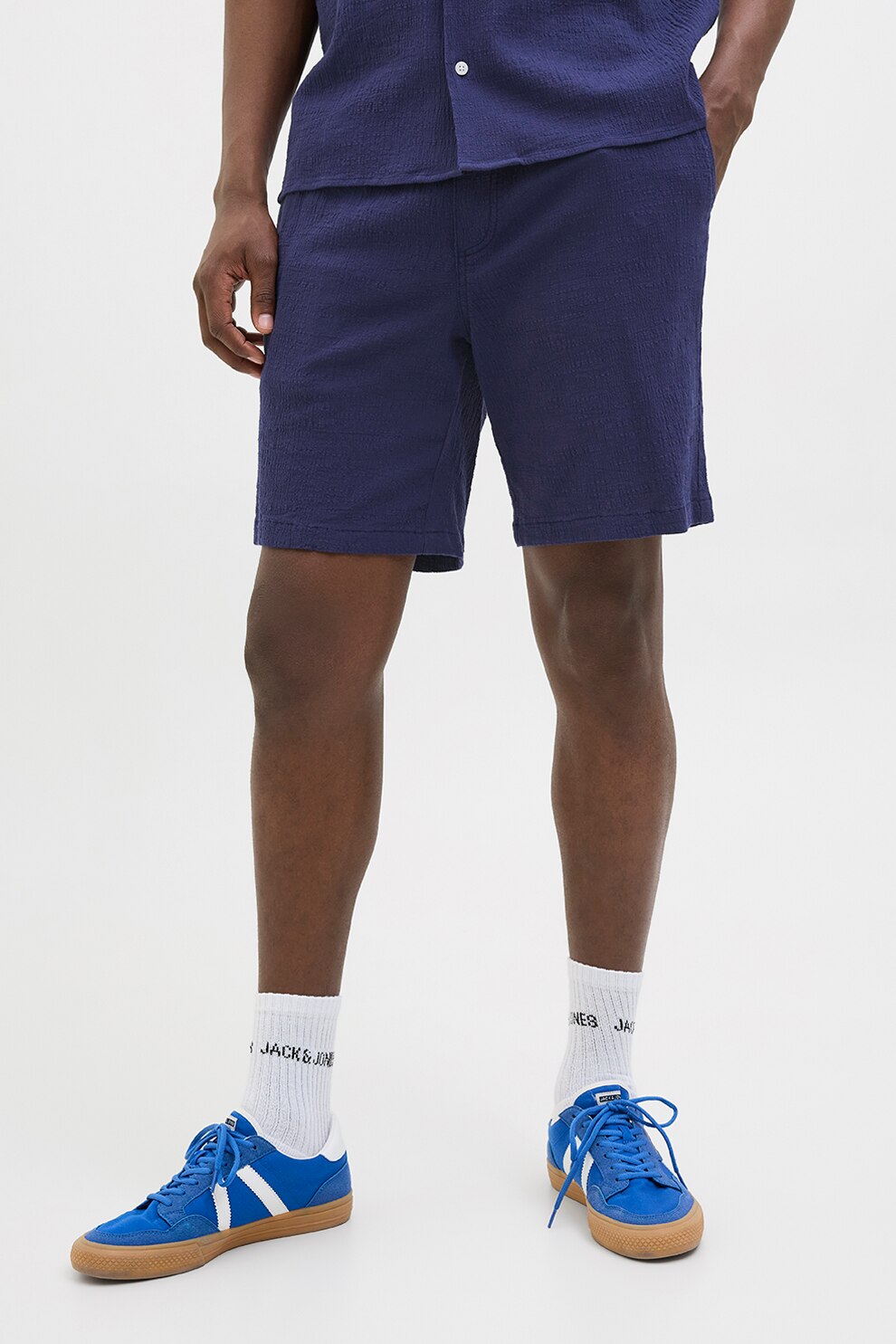 Jack & Jones, Pantaloni scurti cu snur si model texturat, Albastru inchis, L