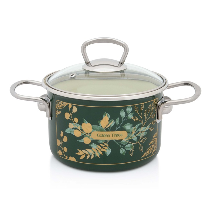 Oala 2l cu capac din sticla Golden Times Metalac email/16cm/2l