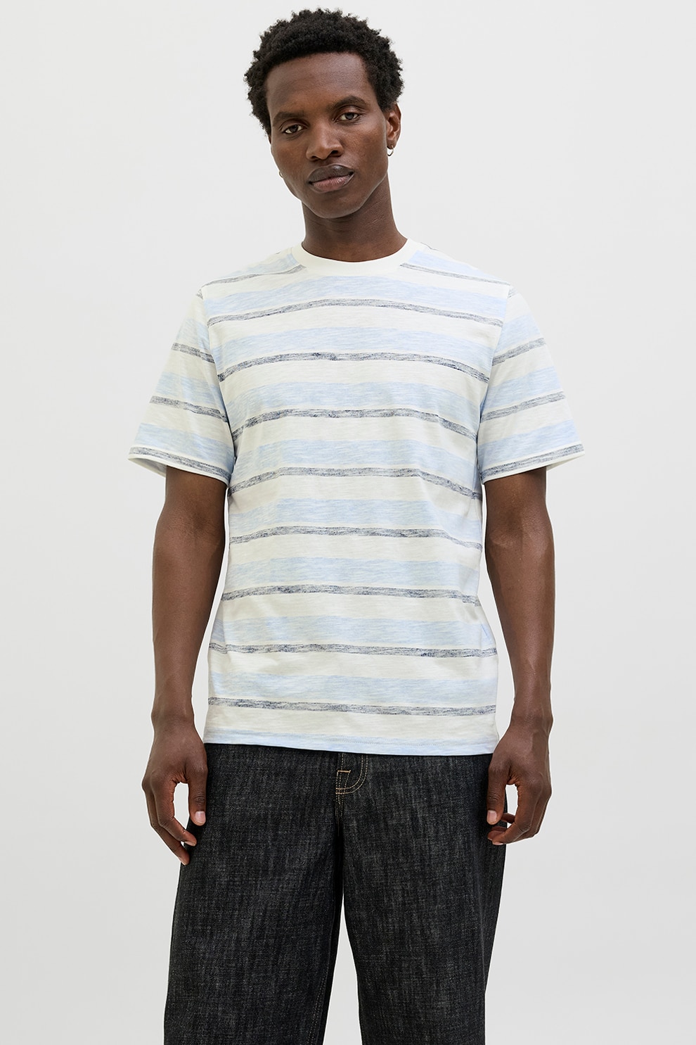 Jack & Jones, Tricou cu model in dungi, Albastru deschis, M