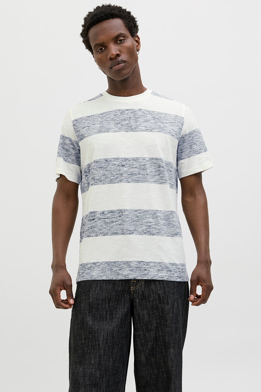 Jack & Jones, Tricou cu model in dungi, Albastru prafuit, M