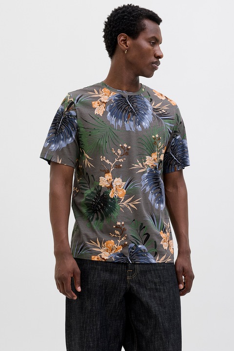 Jack & Jones, Kerek nyakú pamutpóló, Sötétzöld/Kék