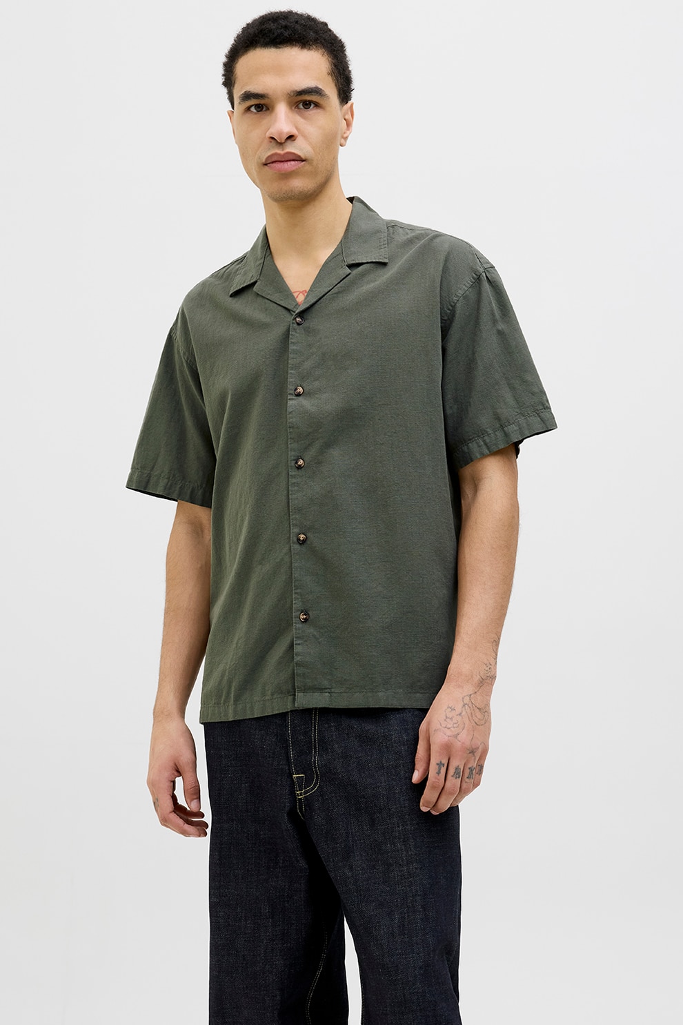 Jack & Jones, Camasa relaxed-fit din bumbac si in, Kaki, M