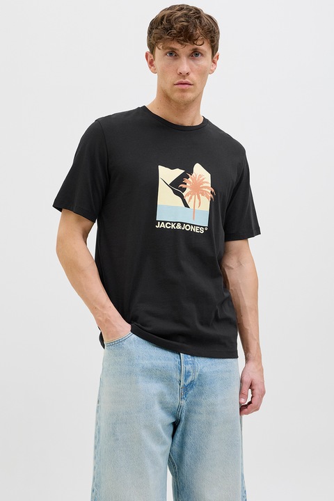 Jack & Jones, Kerek nyakú mintás póló, Fekete, S