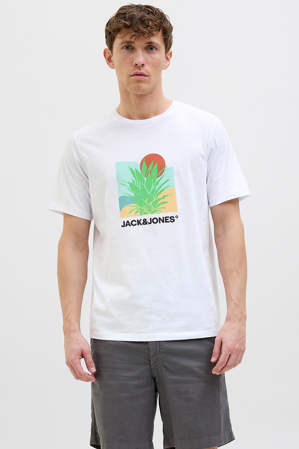 Jack & Jones, Tricou cu decolteu la baza gatului si imprimeu, Alb, M