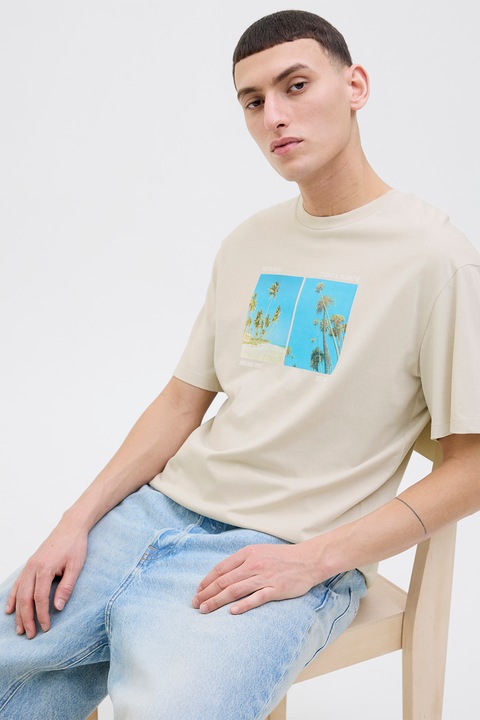 Jack & Jones, Kerek nyakú mintás póló, Kék/Világosbézs