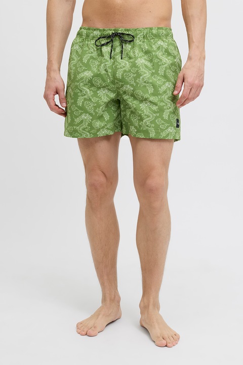 Jack & Jones, Pantaloni scurti de baie cu model si buzunare laterale, Alb/Verde