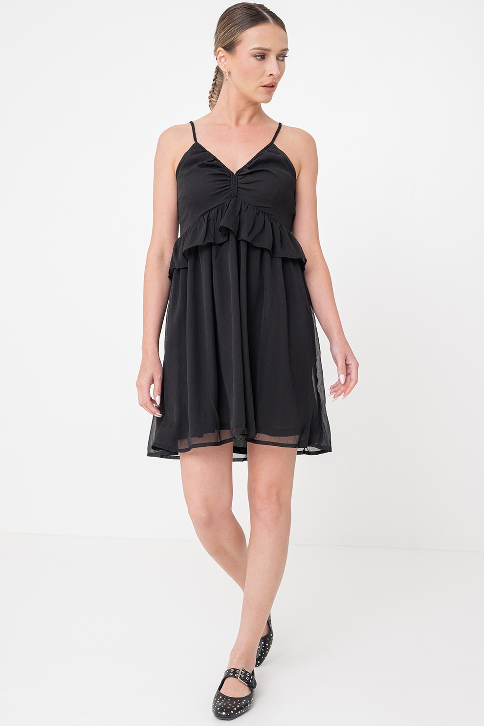 Only, Rochie mini evazata cu aplicatii cu volane, Negru, L