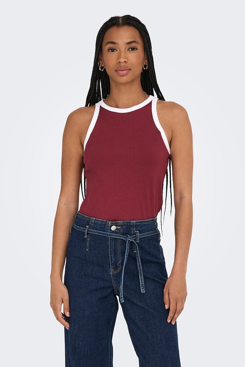 Only, Top din amestec de bumbac organic cu striatii, Visiniu/Alb murdar