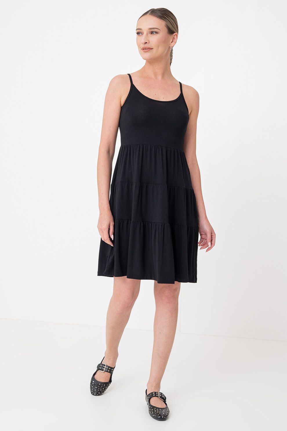 JdY, Rochie midi evazata cu decolteu rotund, Negru, XS