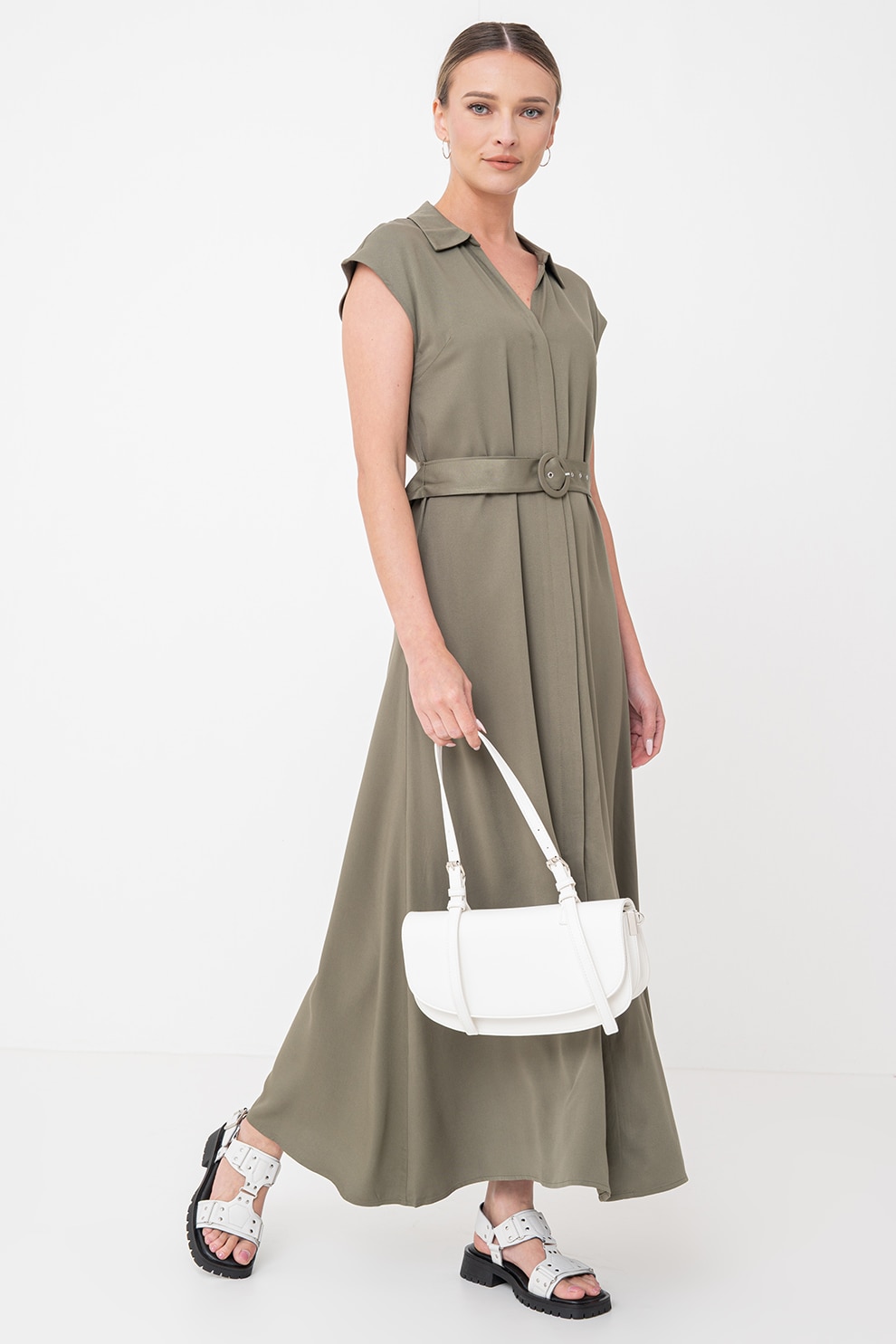Only, Rochie maxi evazata, Verde masliniu, XS