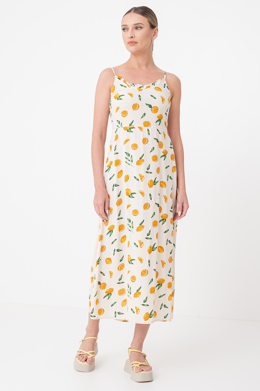 Pieces, Rochie maxi cu decolteu cu volane, Galben, Crem, L