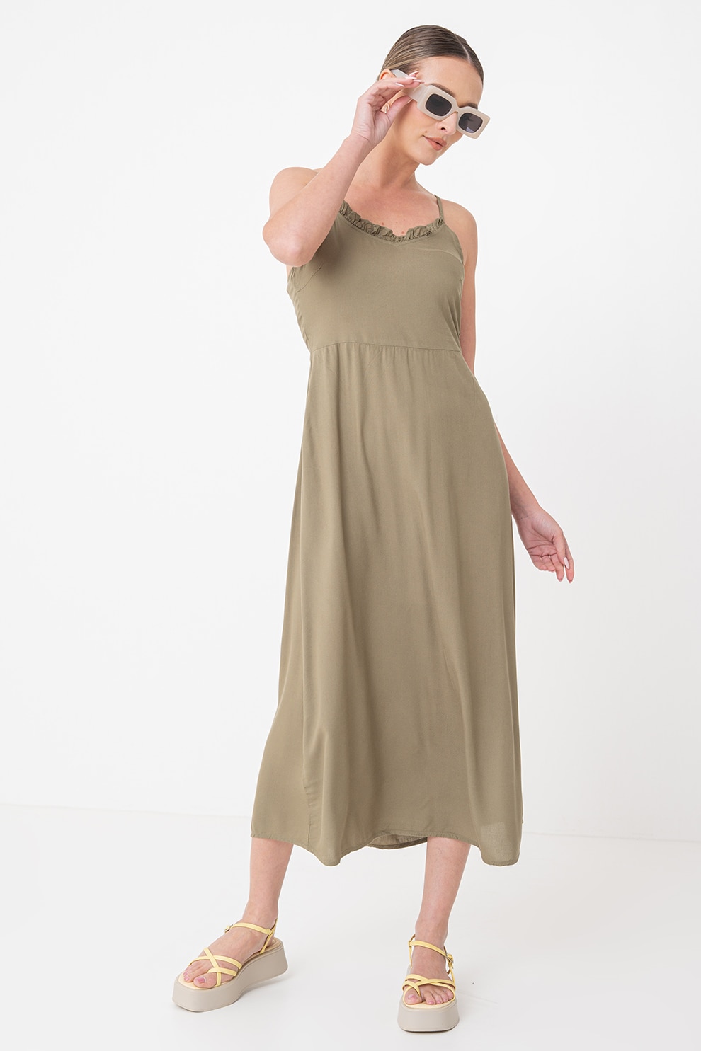Pieces, Rochie maxi cu decolteu cu volane, Verde feriga, S
