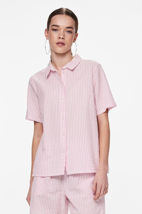 Pieces, Camasa lejera din bumbac cu model in dungi, Alb/Roz pal