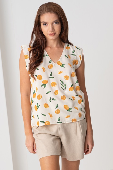 Pieces, Bluza cu model si decolteu in V, Bej deschis/Galben inchis