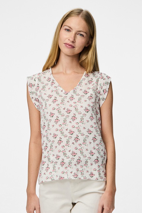 Pieces, Bluza cu model si decolteu in V, Alb/Verde/Roz