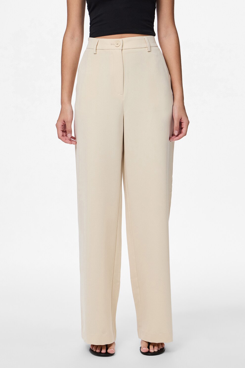Pieces, Pantaloni evazati cu buzunare laterale si talie inalta, Alb fildes, M-L32