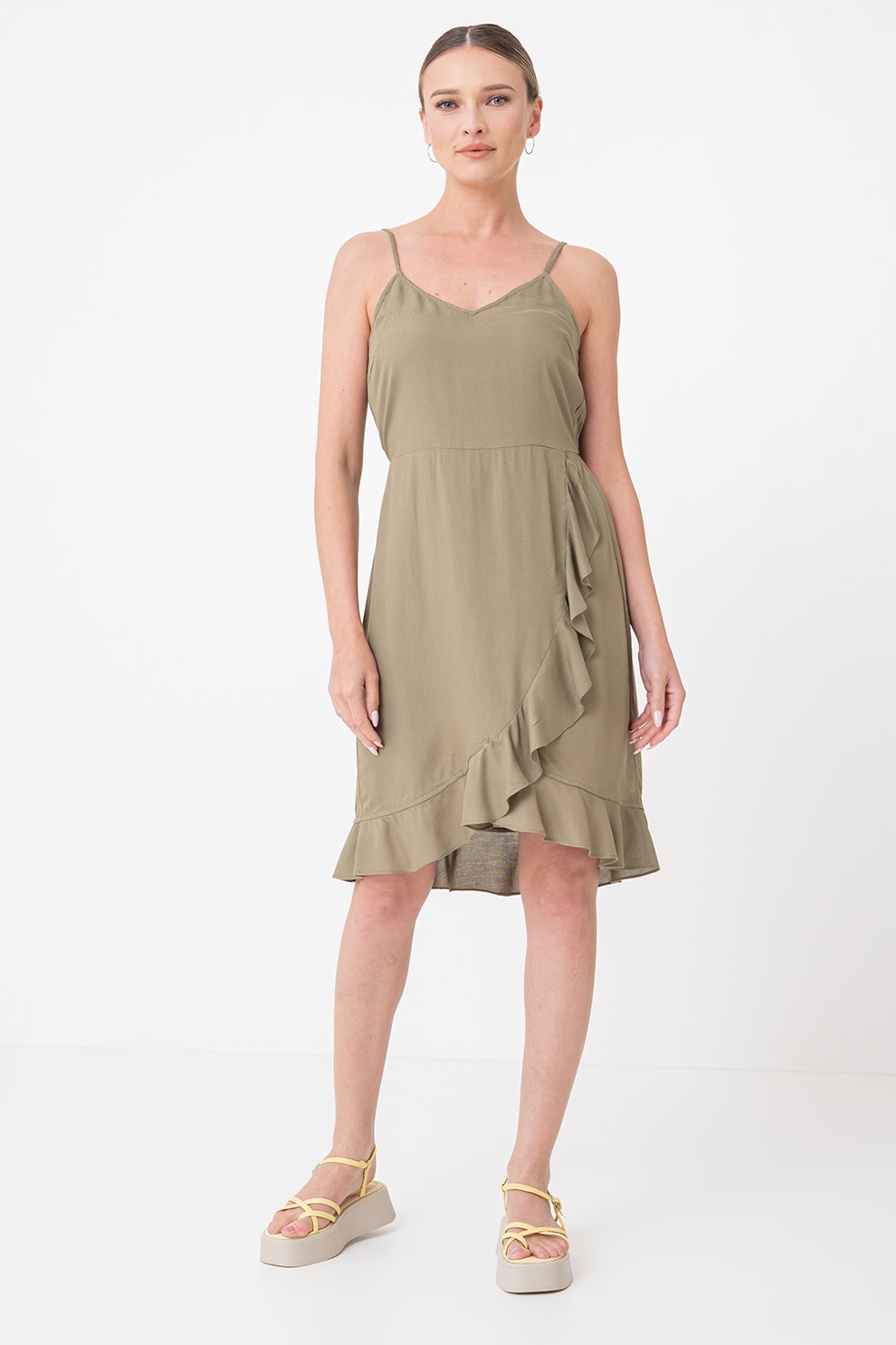 Pieces, Rochie cu model uni si volan, Verde feriga, S