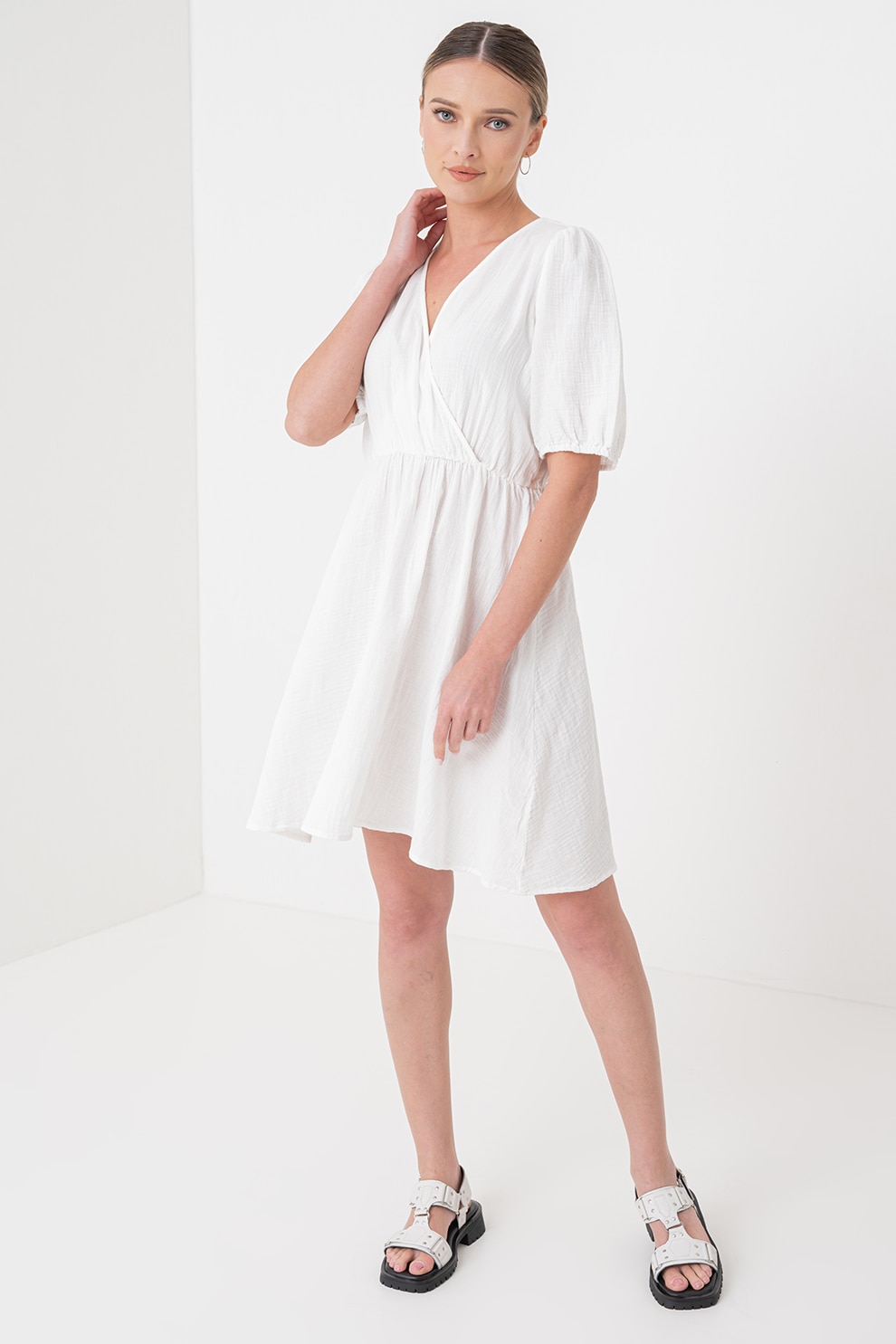 Pieces, Rochie cu croiala in A si decolteu in V, Alb, S