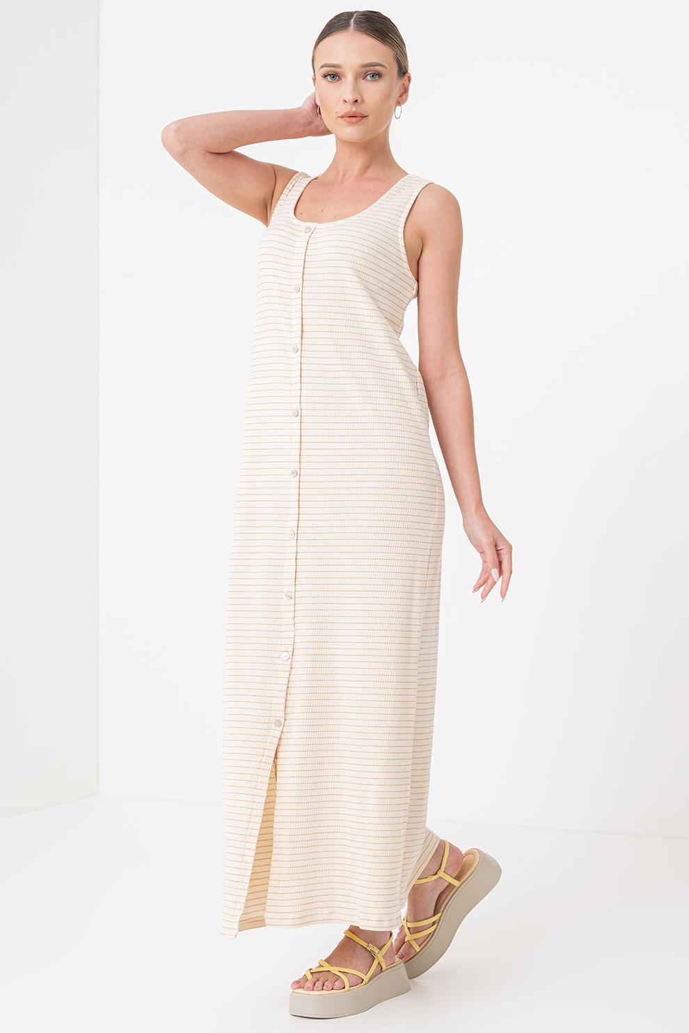 Pieces, Rochie maxi cu decolteu patrat, Alb fildes, S