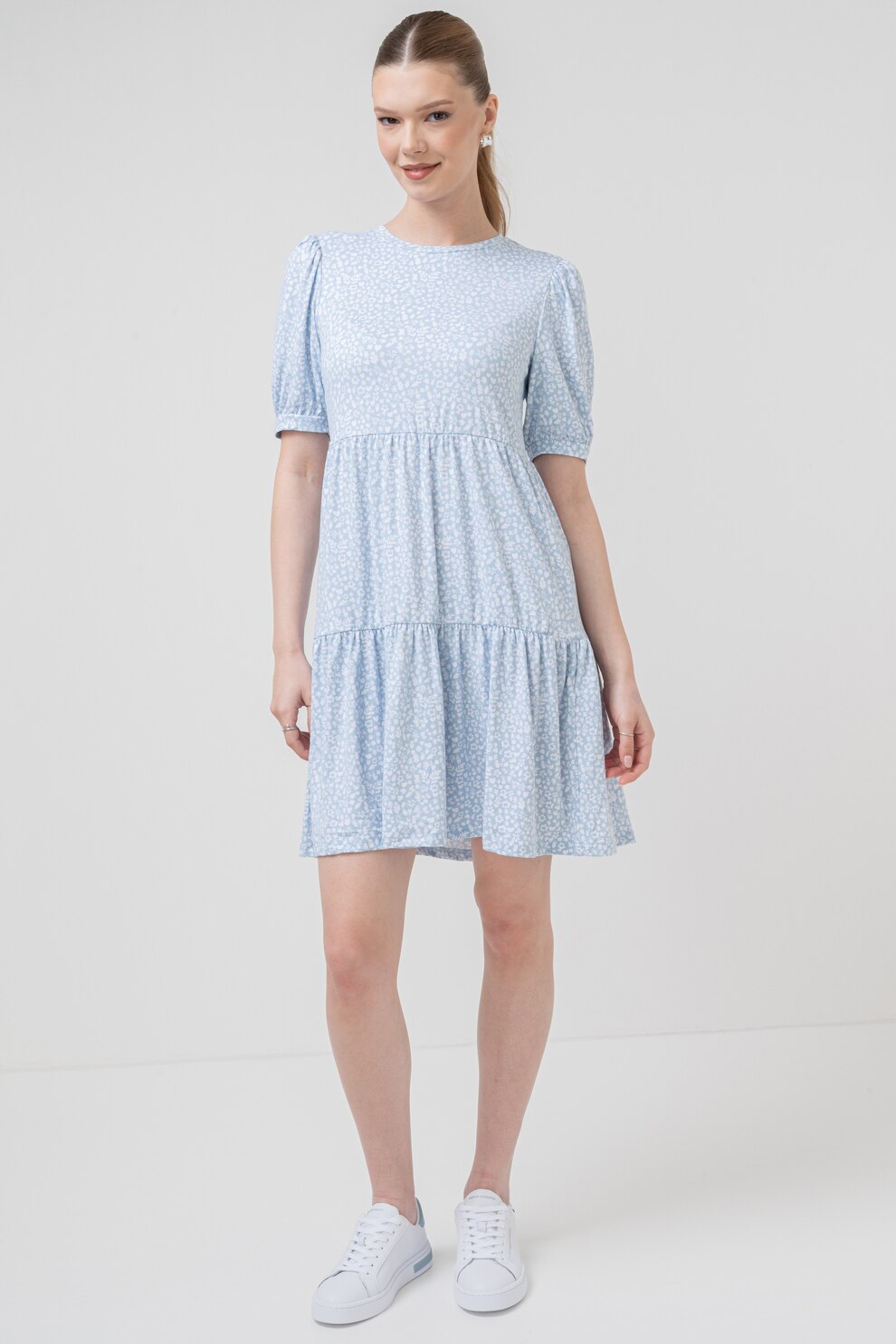 Pieces, Rochie mini evazata cu imprimeu, Alb, Albastru deschis, S