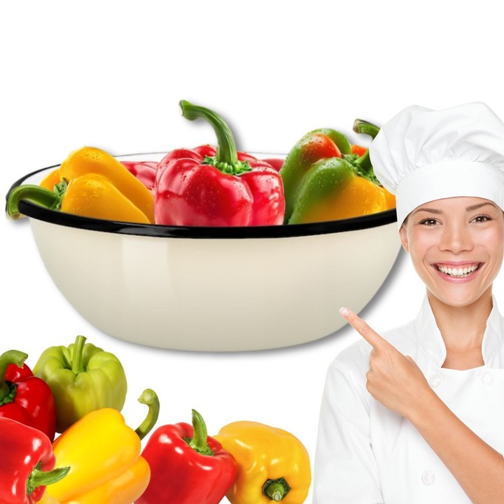 Емайлирана купа, ваза Olkusz, стъкло, 2.5 л, бяла отвътре, кремава отвън, черен ръб, ръчно изработена, 24 см, многоцветна