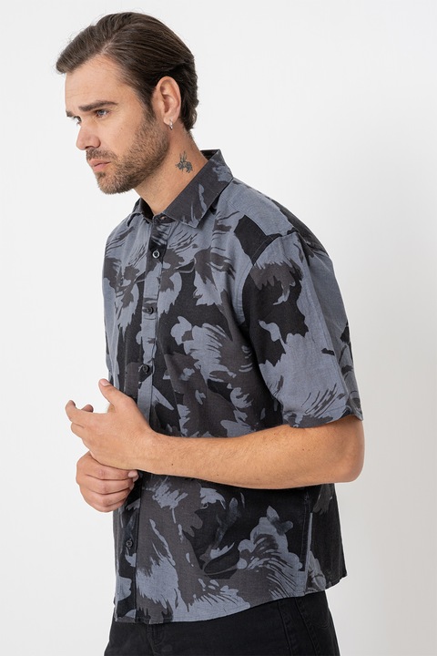 Only & Sons, Len- és pamuttartalmú normál fazonú ing, Világosszürke/Koptatott fekete